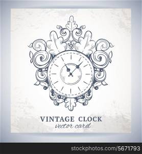 Old vintage retro sketch wall clock with decoration paper postcard vector illustration