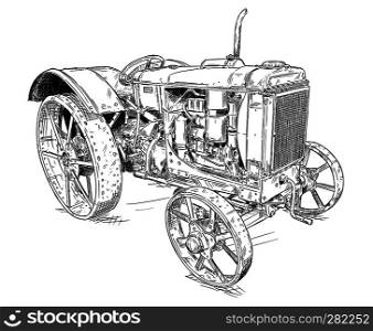 Old vintage tractor vector pen and ink illustration. Tractor was made in Chicago, Illinois, United States or USA from 1938 to 1939 or 30's.. Cartoon or Comic Style Drawing of Old or Vintage Tractor