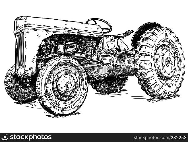 Old vintage tractor vector pen and ink illustration. Tractor was made in Dearborn, Michigan, United States or USA from 1939 to 1942 or 30's to 40's.. Cartoon or Comic Style Drawing of Old or Vintage Red Tractor