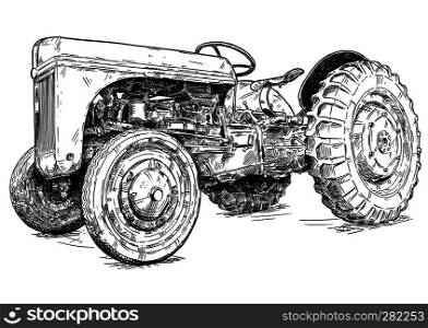 Old vintage tractor vector pen and ink illustration. Tractor was made in Dearborn, Michigan, United States or USA from 1939 to 1942 or 30's to 40's.. Cartoon or Comic Style Drawing of Old or Vintage Red Tractor