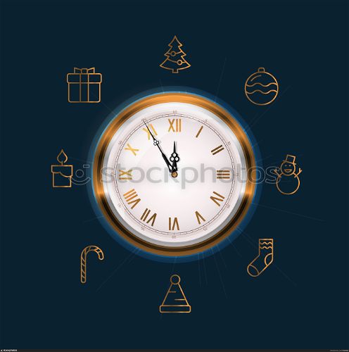 Old Wall Clock Face Showing Five to Twelve. New Year is Coming Soon Concept. Also Contains 8 Gold Line Icons Related to the Theme Christmas and New Year.. Old Wall Clock Face Showing Five to Twelve. New Year is Coming Soon Concept