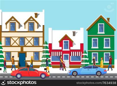 Old winter town vector, buildings exteriors with snow, cityscape with estates of citizens, Christmas street. Road with cars and transport, skyline with people walking on streets, flat style design. Old Town Cityscape, Street with Transport on Road