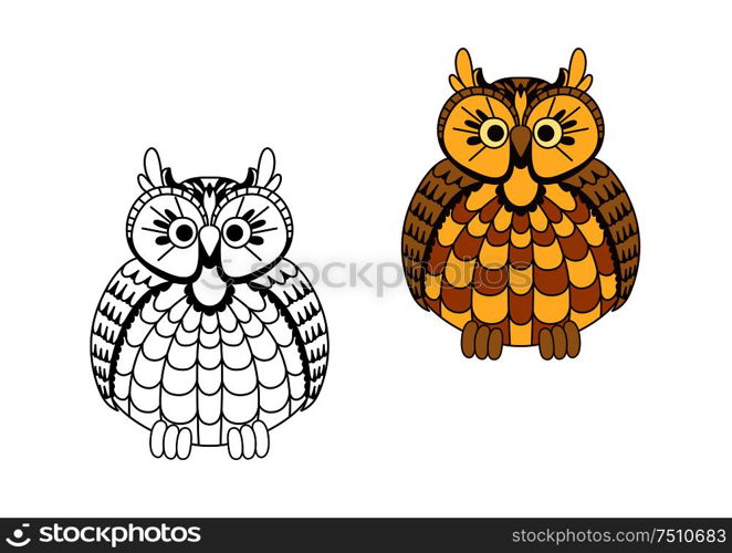 Old wise cartoon eagle owl bird with mottled yellow and orange rounded body and brown wings. Cartoon old wise eagle owl