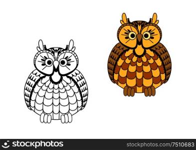 Old wise cartoon eagle owl bird with mottled yellow and orange rounded body and brown wings. Cartoon old wise eagle owl