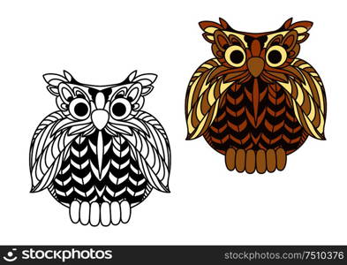 Old wise eagle owl cartoon character with brown plumage and second variant in outline style. For education or childish design
