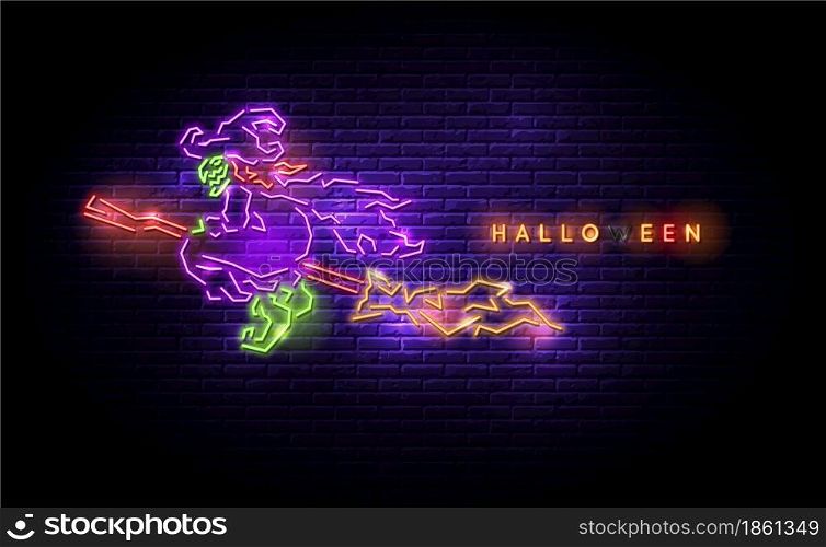 Old witch flying with magic broom neon light halloween celebration vector illustration.Hag, Baba Yaga.