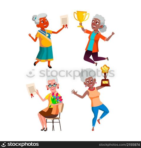 old woman achievement senior happy. grandmother excited. mature grandma. celebrating people. jump person. elderly success. scream pensioner. old woman achievement set vector