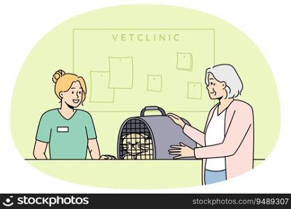 Old woman bring pet to vet clinic. Mature female take cat in cage to veterinary hospital. Domestic animals care. Vector illustration.. Old woman bring pet to vet clinic