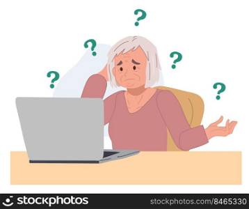 old woman don’t know how to use laptop.senior woman with technology problem concept. vector illustration 