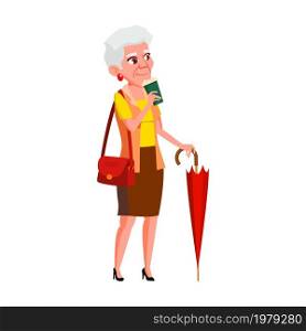 Old Woman Drinking Energy Coffee Outdoor Vector. Elderly Lady Walking With Umbrella And Drinking Delicious Hot Drink Outside. Character Enjoying Tasty Beverage Flat Cartoon Illustration. Old Woman Drinking Energy Coffee Outdoor Vector