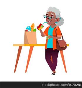 Old Woman Drinking Juice From Packaging Vector. Elderly African Lady Enjoying Vitamin Natural Juice After Grocery Shopping. Character Enjoy Healthcare Drink Flat Cartoon Illustration. Old Woman Drinking Juice From Packaging Vector