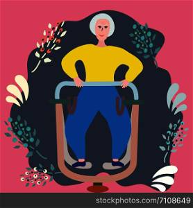 Old woman exercising in outdoor gym. Elderly people activity concept. Flat cartoon style. Vector illustration.. Old woman exercising in outdoor gym.