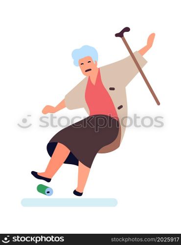 Old woman falling down. Senior stumble over trash and loosing balance. Vector illustration. Old woman falling down. Senior stumble over trash and loosing balance