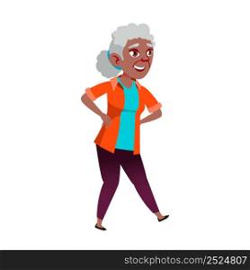 Old Woman Funny Dancing on Dance Floor Vector. African Elderly Lady Dancing And Enjoying Leisure Time. Character Grandmother Dancer Performing Energy Motion Flat Cartoon Illustration. Old Woman Funny Dancing on Dance Floor Vector