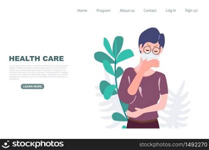 Old woman get cough landing page. Health care and medical flat character vector illustration