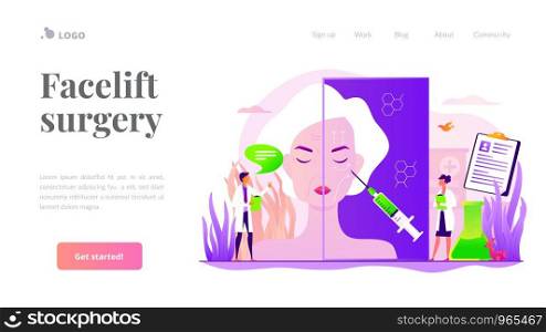 Old woman getting facial plastic correction. Skin anti aging, beauty treatment. Face lifting, rhytidectomy procedure, facelift surgery concept. Website homepage header landing web page template.. Face lifting concept landing page