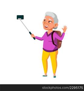 Old Woman Grandma Making Selfie On Phone Vector. Asian Grandmother Tourist Traveling And Make Photo On Mobile Phone Camera. Character Photographing On Smartphone Flat Cartoon Illustration. Old Woman Grandma Making Selfie On Phone Vector