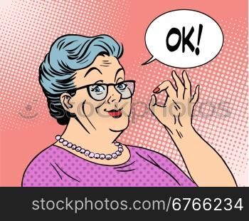 old woman grandma okay gesture. Old woman Granny gesture okay pop art style. National Grandparents Day
