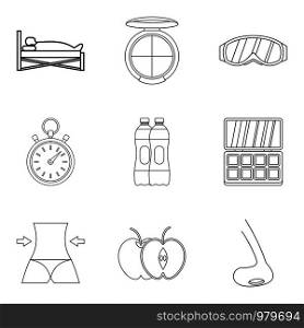 Old woman health icons set. Outline set of 9 old woman health vector icons for web isolated on white background. Old woman health icons set, outline style