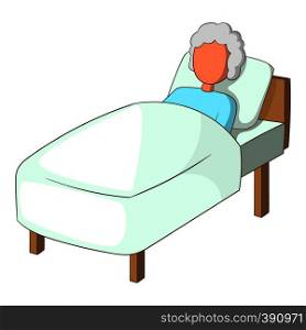 Old woman in bed icon. Cartoon illustration of old woman in bed vector icon for web design. Old woman in bed icon, cartoon style