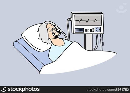 Old woman in mask lying under ventilator in hospital. Mature patient breathing with ventilating machine. ICU hospital intensive. Vector illustration.. Mature woman breathing with ventilating machine