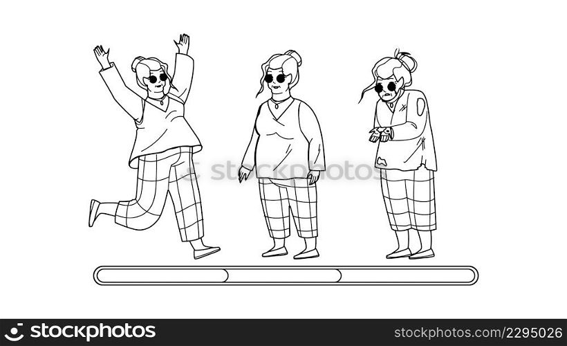 Old Woman Mood Laugh, Smile And Unhappy Black Line Pencil Drawing Vector. Happy Grandmother Mood Jumping, Standing And Smile, Stress And Crying. Character Elderly Lady Negative And Positive Emotion. Old Woman Mood Laugh, Smile And Unhappy Vector