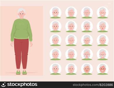 Old woman moods variations semi flat color character emotions set. Editable facial expressions. Psychology and health vector style illustration for motion graphic design and animation. Old woman moods variations semi flat color character emotions set