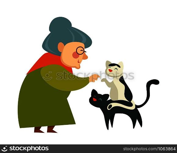 Old woman on retirement knitting sweater and playing with cats vector. Senior retired lady sitting in rocking wooden chair, kittens with threads ball. Grandmother with domestic fluffy animals. Old woman on retirement knitting sweater and playing with cats vector.