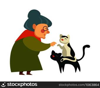 Old woman on retirement knitting sweater and playing with cats vector. Senior retired lady sitting in rocking wooden chair, kittens with threads ball. Grandmother with domestic fluffy animals. Old woman on retirement knitting sweater and playing with cats vector.