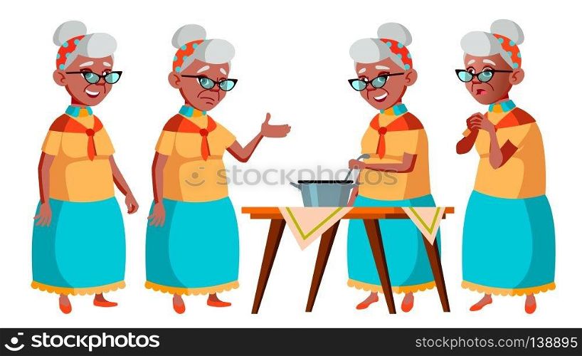 Old Woman Poses Set Vector. Black. Afro American. Elderly People. Senior Person. Aged. Friendly Grandparent. Web, Poster, Booklet Design Isolated Cartoon Illustration. Old Woman Poses Set Vector. Black. Afro American. Elderly People. Senior Person. Aged. Caucasian Retiree. Smile. Advertisement, Greeting, Announcement Design. Isolated Cartoon Illustration