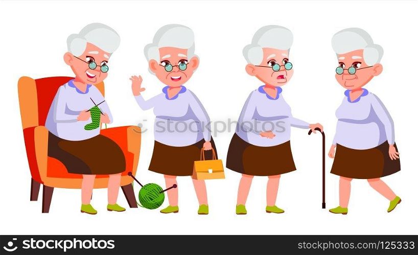 Old Woman Poses Set Vector. Elderly People. Senior Person. Aged. Beautiful Retiree. Life. Card, Advertisement, Greeting Design Isolated Cartoon Illustration. Old Woman Poses Set Vector. Elderly People. Senior Person. Aged. Funny Pensioner. Leisure. Postcard, Announcement, Cover Design. Isolated Cartoon Illustration