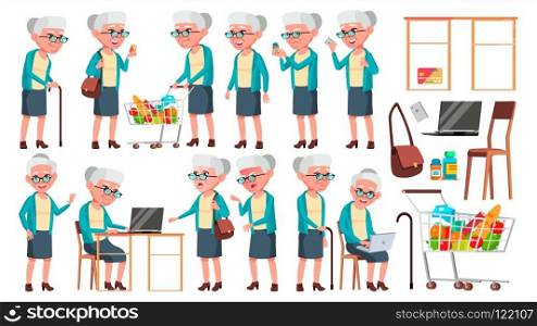 Old Woman Poses Set Vector. Elderly People. Senior Person. Aged. Cheerful Grandparent. Presentation, Invitation, Card Design. Isolated Cartoon Illustration. Old Woman Poses Set Vector. Elderly People. Senior Person. Aged. Cute Retiree. Activity. Advertisement, Greeting, Announcement Design. Isolated Cartoon Illustration