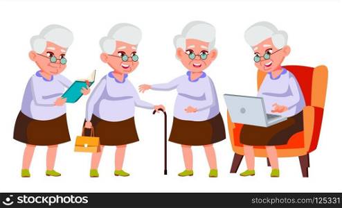 Old Woman Poses Set Vector. Elderly People. Senior Person. Aged. Friendly Grandparent. Banner, Flyer, Brochure Design. Isolated Cartoon Illustration. Old Woman Poses Set Vector. Elderly People. Senior Person. Aged. Active Grandparent. Joy. Presentation, Print, Invitation Design. Isolated Cartoon Illustration