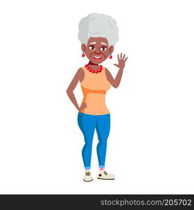 Old Woman Poses Vector. Black. Afro American. Elderly People. Senior Person. Aged. Active Grandparent. Joy. Web, Brochure, Poster Design. Isolated Cartoon Illustration 