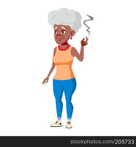 Old Woman Poses Vector. Black. Afro American. Elderly People. Senior Person. Aged. Active Grandparent. Joy. Web, Brochure, Poster Design. Isolated Cartoon Illustration 