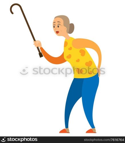 Old woman rising stick, portrait and full length view of elderly female in casual clothes holding wand, opening mouth of grandma, aged person vector. Aged Person with Stick, Pensioner and Wand Vector