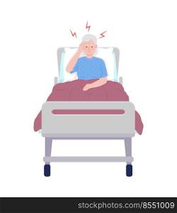 Old woman suffering from headache in hospital semi flat color vector character. Editable figure. Full body person on white. Simple cartoon style illustration for web graphic design and animation. Old woman suffering from headache in hospital semi flat color vector character