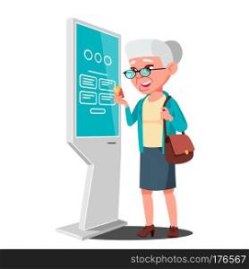 Old Woman Using ATM Machine, Digital Terminal Vector. Digital Kiosk LED Display. Self Service Information System. Isolated Flat Cartoon Illustration. Old Woman Using ATM, Digital Terminal Vector. Advertising Touch Screen. Floor Standing. Money Deposit, Withdrawal. Isolated Flat Cartoon Illustration