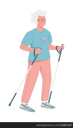 Old woman using poles in trail running races semi flat color vector character. Posing figure. Full body person on white. Simple cartoon style illustration for web graphic design and animation. Old woman using poles in trail running races semi flat color vector character