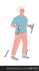Old woman using poles in trail running races semi flat color vector character. Posing figure. Full body person on white. Simple cartoon style illustration for web graphic design and animation. Old woman using poles in trail running races semi flat color vector character