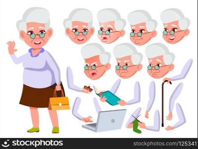 Old Woman Vector. Senior Person. Aged, Elderly People. Positive Person. Face Emotions, Various Gestures. Animation Creation Set. Isolated Flat Cartoon Character Illustration. Old Woman Vector. Senior Person. Aged, Elderly People. Caucasian, Positive. Face Emotions, Various Gestures. Animation Creation Set. Isolated Flat Cartoon Character Illustration