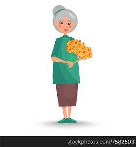 Old woman with grey hair in green tunic and long skirt stand and holds big bouquet of yellow flowers vector illustration.. Old Woman Holds Big Bouquet of Yellow Flowers