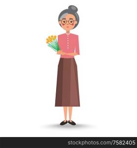 Old woman with grey hair in pink blouse and long skirt stand and holds big bouquet of yellow flowers vector illustration.. Old Woman Holds Big Bouquet of Yellow Flowers