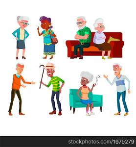 Old Women And Men Couple Quarreling Set Vector. Elderly People Quarreling And Arguing Together With Aggression Negative Emotion. Mature Characters Disagreement Flat Cartoon Illustrations. Old Women And Men Couple Quarreling Set Vector