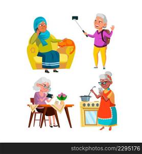 Old Women Grandma Using Mobile Phone Set Vector. Elderly Ladies Use Mobile Phone For Communication With Family And Friends, Playing Game And Watch Video. Characters Flat Cartoon Illustrations. Old Women Grandma Using Mobile Phone Set Vector