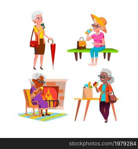 Old Women Hold Cup And Drinking Drink Set Vector. Elderly Ladies Drinking Energy Coffee And Tea, Delicious Vitamin Juice And Healthy Natural Water. Characters Flat Cartoon Illustrations. Old Women Hold Cup And Drinking Drink Set Vector