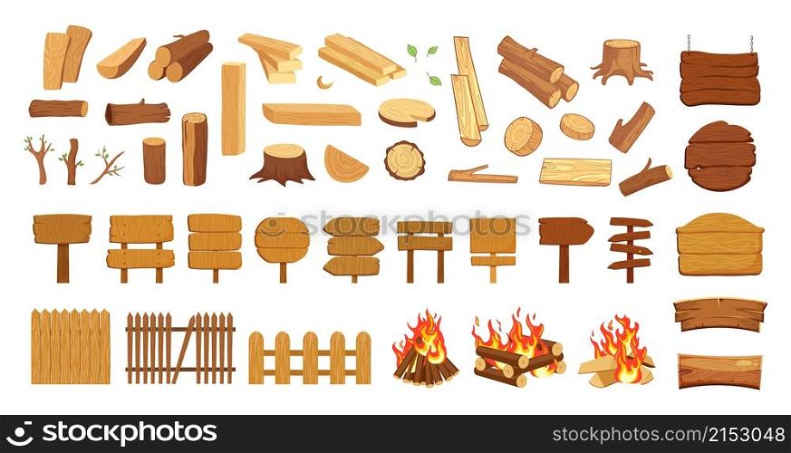 Old wood collection. Timber, logs pine tree. Isolated wooden signs, street road sign. Cartoon boards planks, village fence and camp fire vector set. Wood natural, material for bonfire illustration. Old wood collection. Timber, logs pine tree elements. Isolated wooden signs, blanks and street road sign. Cartoon boards planks, village fence and camp fire vector set