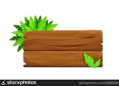 Old wood plank, signboard decorated palm leaves in cartoon style isolated on white background. Jungle, tropical element, textured and detailed board. Ui game asset. Vector illustration