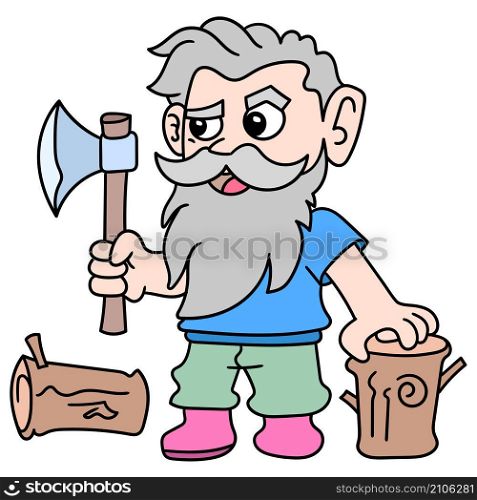 old woodcutter carrying ax chopping wood