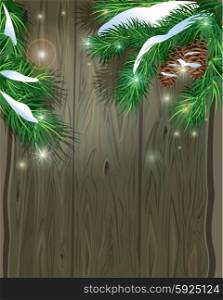 Old Wooden background with Christmas fir tree branches and snow. Empty space for your text.